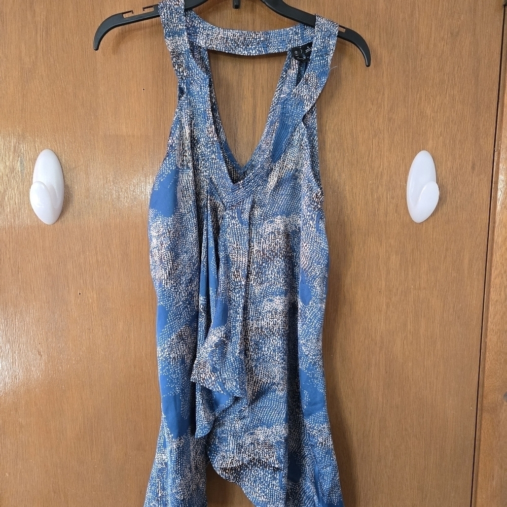 Blue and White Patterned Silky Top Size S.